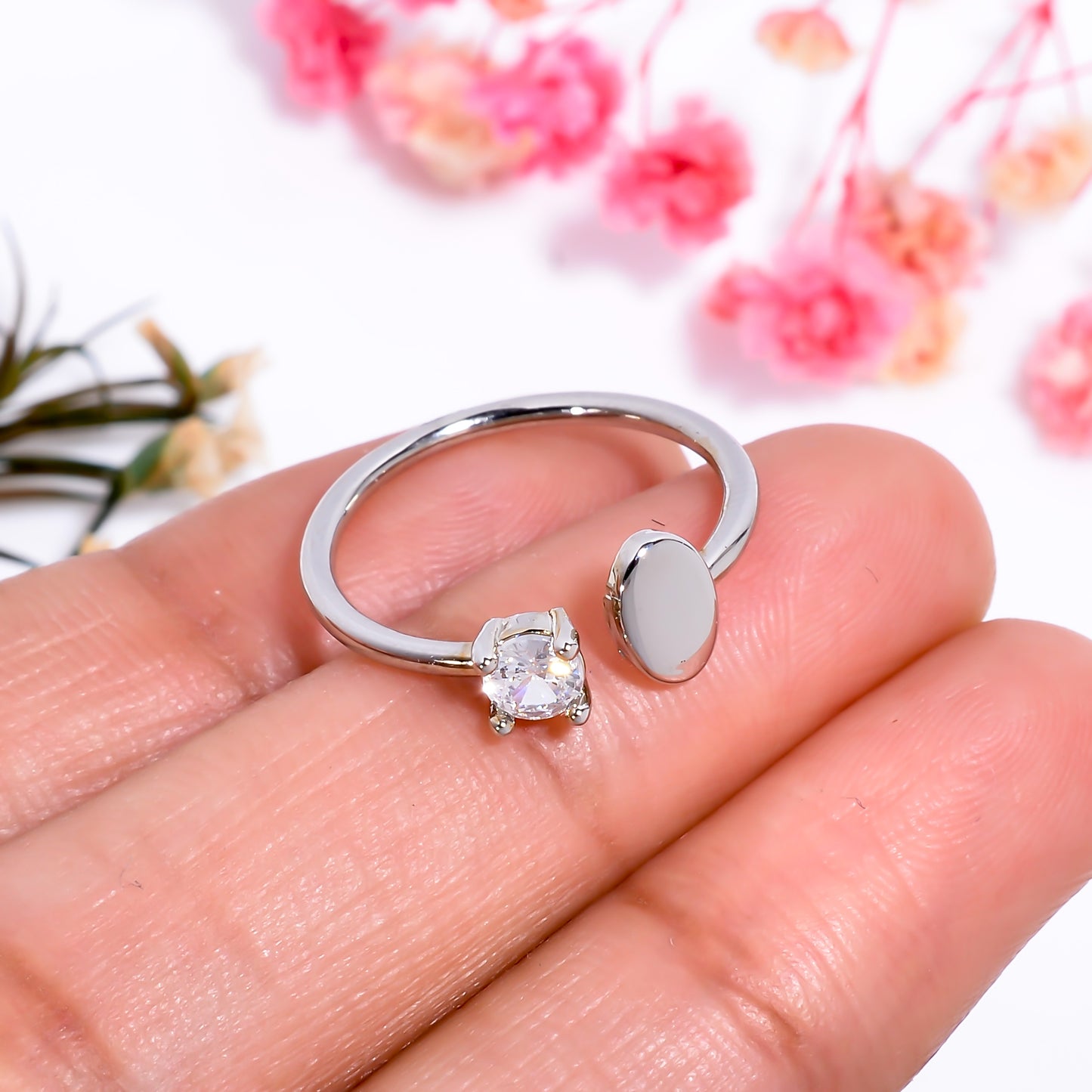 Oval & Cubic Zirconia Adjustable Open Ring – Minimalist Silver Tone Promise Ring | Dainty Everyday Jewelry Gift for Her