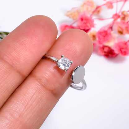 Oval & Cubic Zirconia Adjustable Open Ring – Minimalist Silver Tone Promise Ring | Dainty Everyday Jewelry Gift for Her
