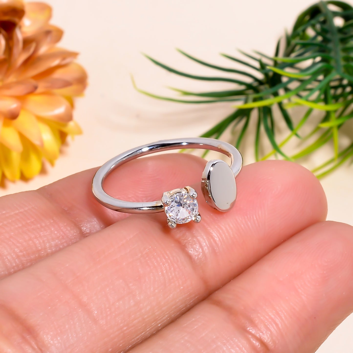 Oval & Cubic Zirconia Adjustable Open Ring – Minimalist Silver Tone Promise Ring | Dainty Everyday Jewelry Gift for Her