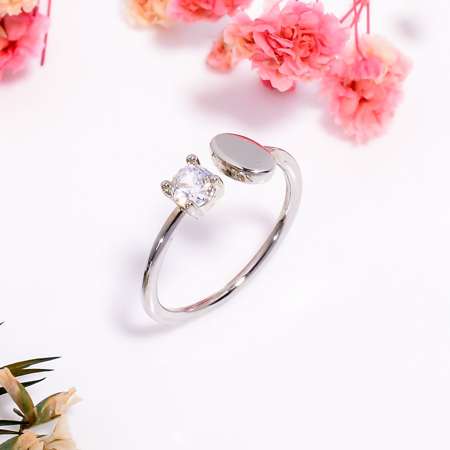 Oval & Cubic Zirconia Adjustable Open Ring – Minimalist Silver Tone Promise Ring | Dainty Everyday Jewelry Gift for Her