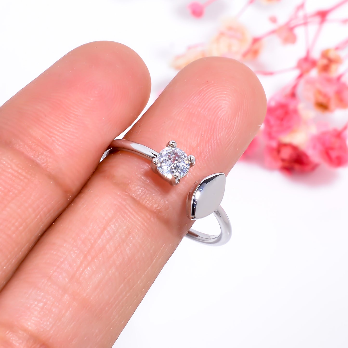 Open Band Women Ring - Adjustable Cubic Zirconia Open Ring - Minimalist Silver Tone Ring - Dainty Nature Inspired Jewelry - Gift for Her