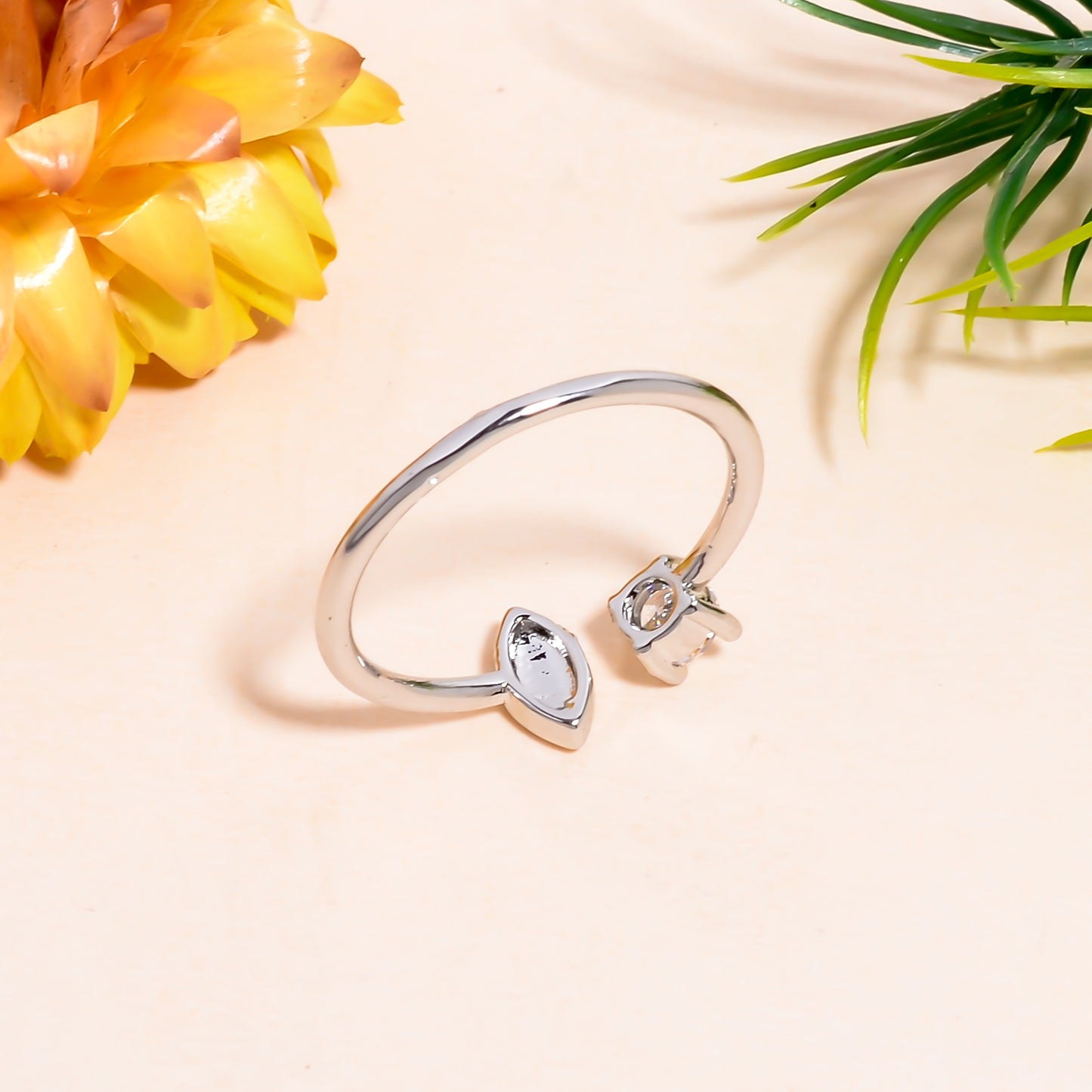 Open Band Women Ring - Adjustable Cubic Zirconia Open Ring - Minimalist Silver Tone Ring - Dainty Nature Inspired Jewelry - Gift for Her