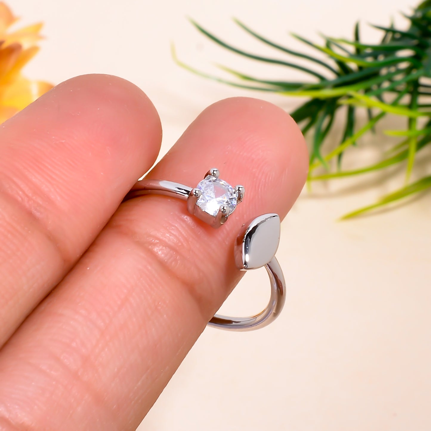 Open Band Women Ring - Adjustable Cubic Zirconia Open Ring - Minimalist Silver Tone Ring - Dainty Nature Inspired Jewelry - Gift for Her