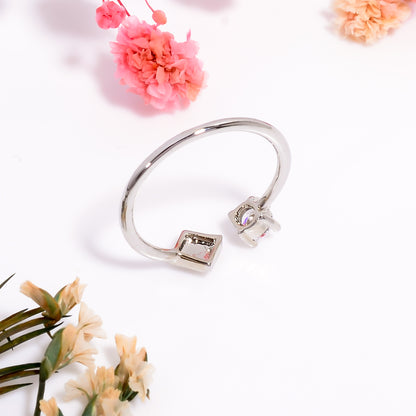 Square & Cubic Zirconia Adjustable Open Ring – Minimalist Silver Tone Jewelry | Modern Stackable Ring Gift for Her