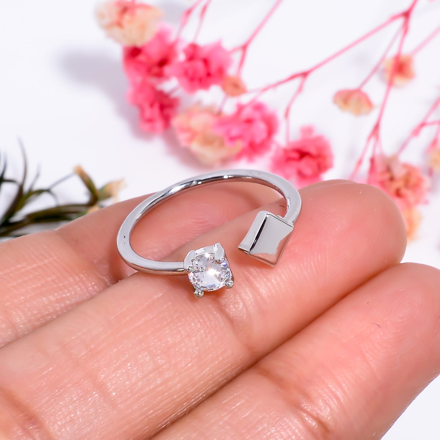 Square & Cubic Zirconia Adjustable Open Ring – Minimalist Silver Tone Jewelry | Modern Stackable Ring Gift for Her