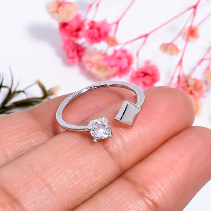 Square & Cubic Zirconia Adjustable Open Ring – Minimalist Silver Tone Jewelry | Modern Stackable Ring Gift for Her