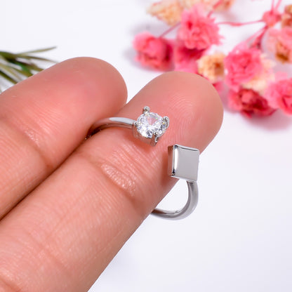 Square & Cubic Zirconia Adjustable Open Ring – Minimalist Silver Tone Jewelry | Modern Stackable Ring Gift for Her