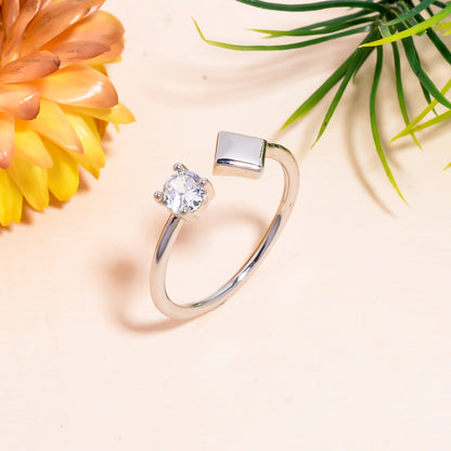 Square & Cubic Zirconia Adjustable Open Ring – Minimalist Silver Tone Jewelry | Modern Stackable Ring Gift for Her