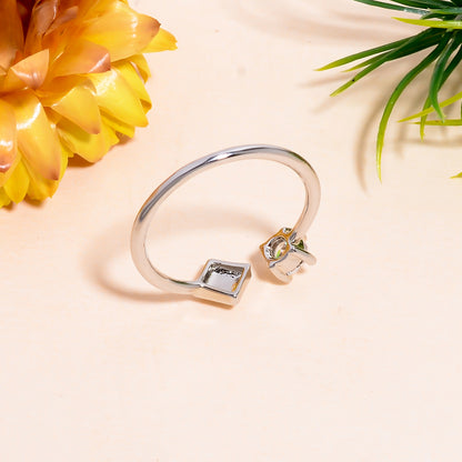 Square & Cubic Zirconia Adjustable Open Ring – Minimalist Silver Tone Jewelry | Modern Stackable Ring Gift for Her