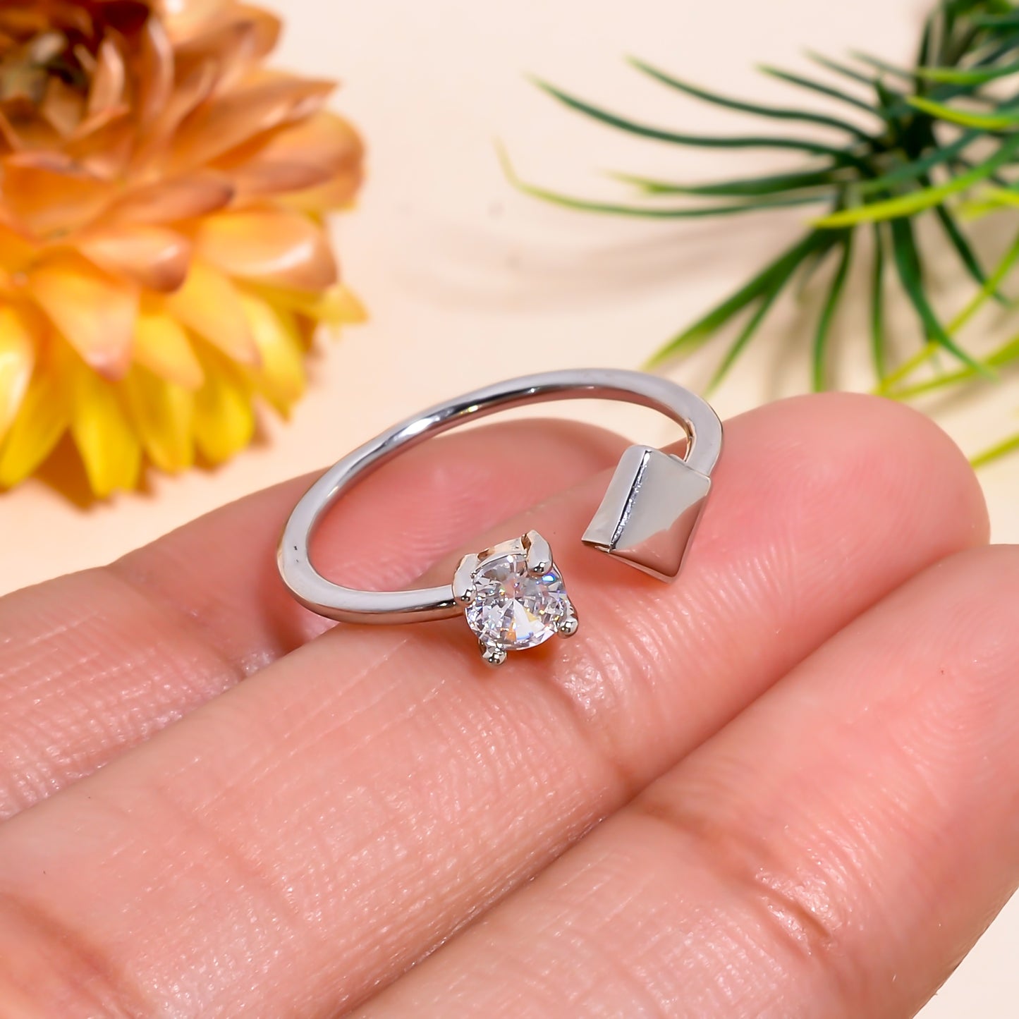 Square & Cubic Zirconia Adjustable Open Ring – Minimalist Silver Tone Jewelry | Modern Stackable Ring Gift for Her