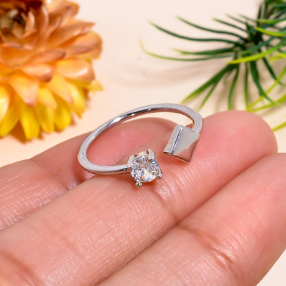 Square & Cubic Zirconia Adjustable Open Ring – Minimalist Silver Tone Jewelry | Modern Stackable Ring Gift for Her