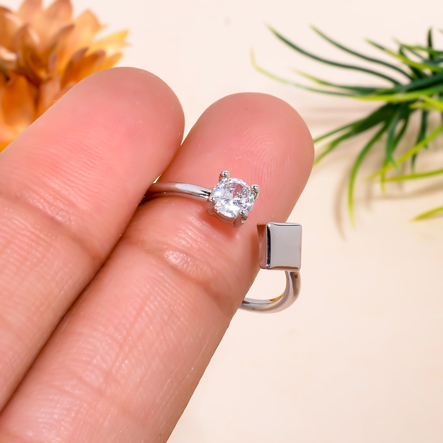 Square & Cubic Zirconia Adjustable Open Ring – Minimalist Silver Tone Jewelry | Modern Stackable Ring Gift for Her