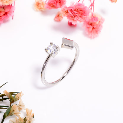 Square & Cubic Zirconia Adjustable Open Ring – Minimalist Silver Tone Jewelry | Modern Stackable Ring Gift for Her