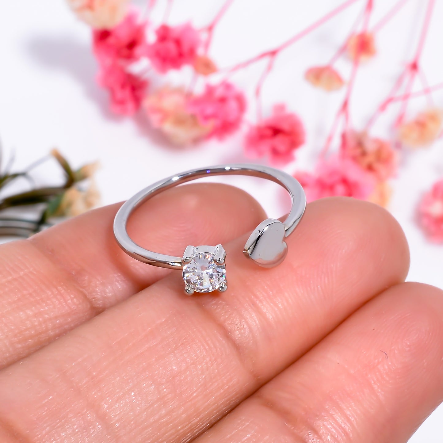 Heart & Solitaire Open Adjustable Ring – Elegant Minimalist Promise Ring for Women | Dainty Love Gift Jewelry