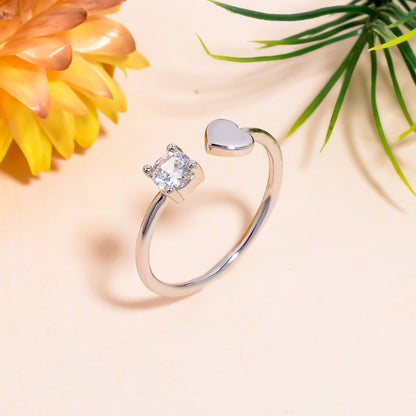 Heart & Solitaire Open Adjustable Ring – Elegant Minimalist Promise Ring for Women | Dainty Love Gift Jewelry
