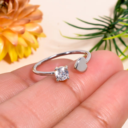 Heart & Solitaire Open Adjustable Ring – Elegant Minimalist Promise Ring for Women | Dainty Love Gift Jewelry