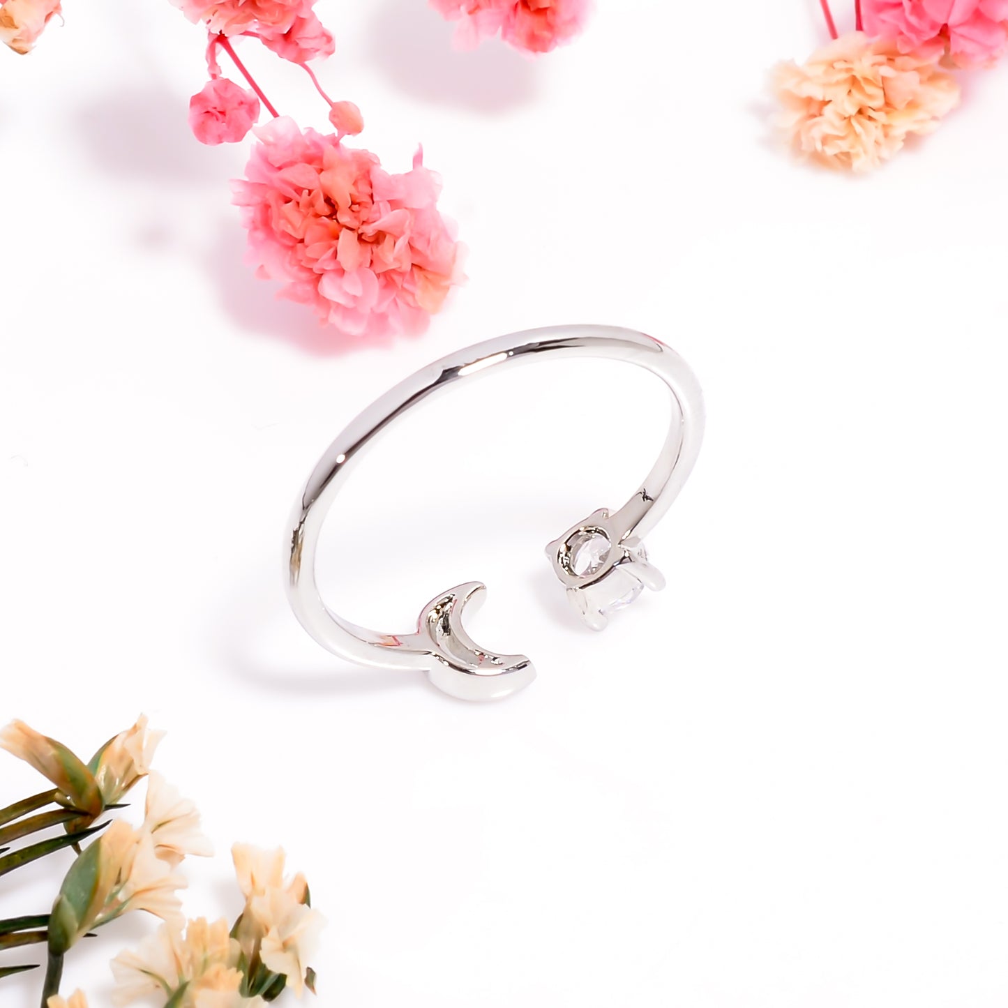 Moon & Solitaire Open Adjustable Ring – Celestial Minimalist Jewelry for Women | Dainty Silver Promise Ring Gift