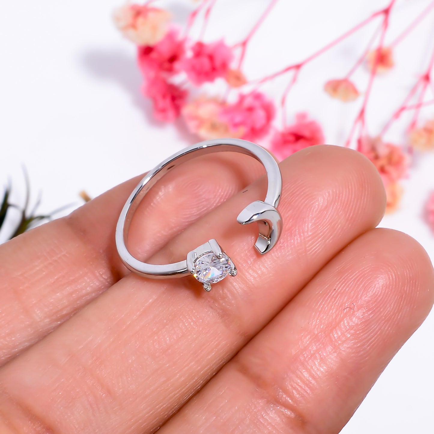 Moon & Solitaire Open Adjustable Ring – Celestial Minimalist Jewelry for Women | Dainty Silver Promise Ring Gift