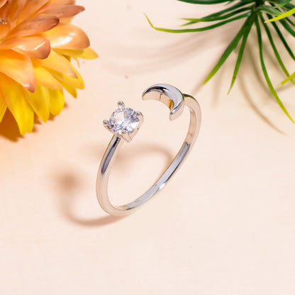 Moon & Solitaire Open Adjustable Ring – Celestial Minimalist Jewelry for Women | Dainty Silver Promise Ring Gift