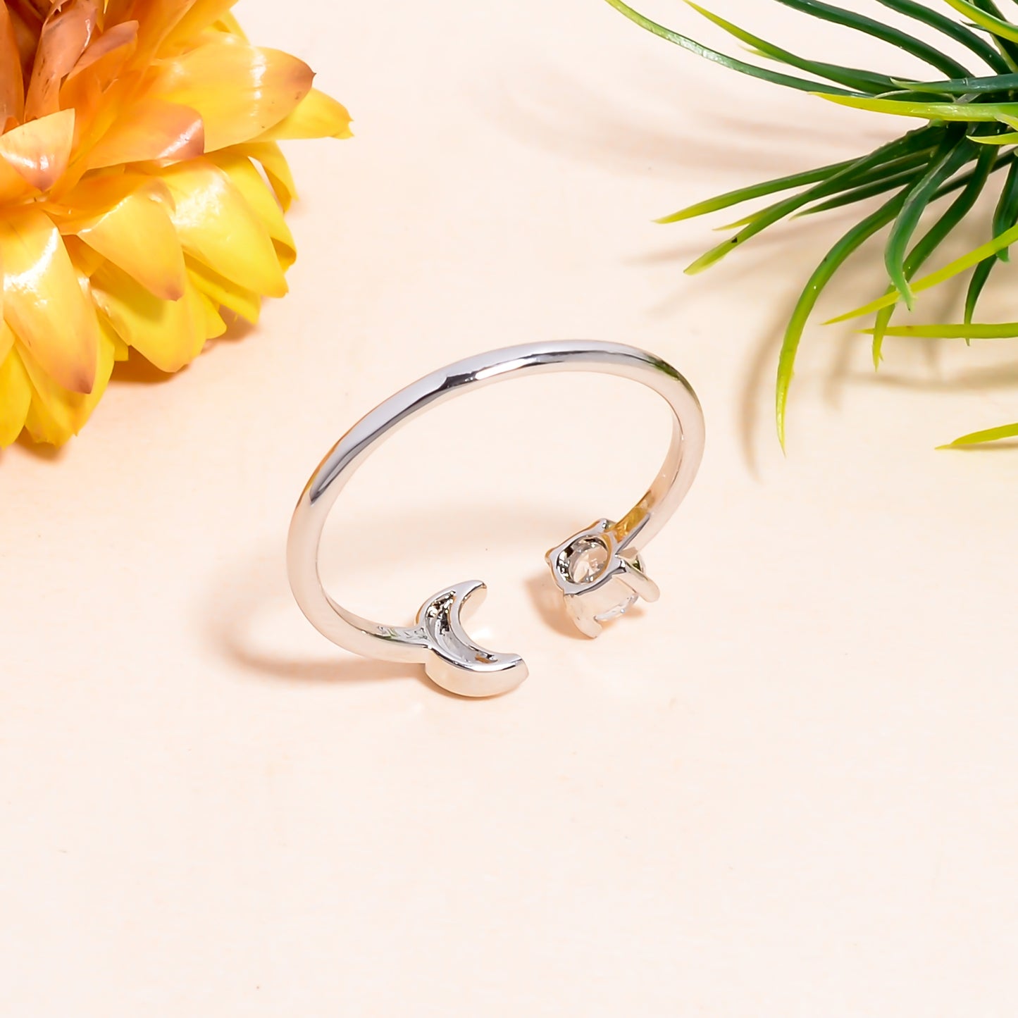 Moon & Solitaire Open Adjustable Ring – Celestial Minimalist Jewelry for Women | Dainty Silver Promise Ring Gift
