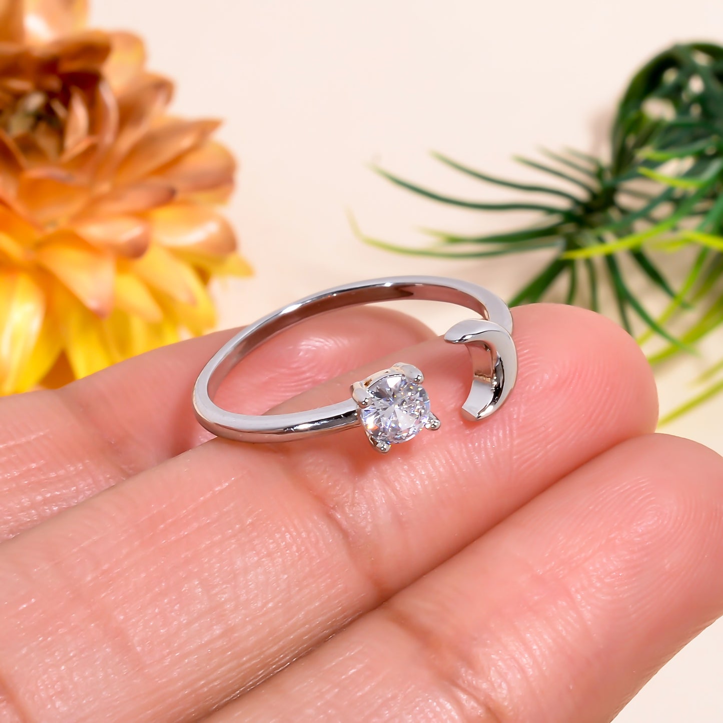 Moon & Solitaire Open Adjustable Ring – Celestial Minimalist Jewelry for Women | Dainty Silver Promise Ring Gift