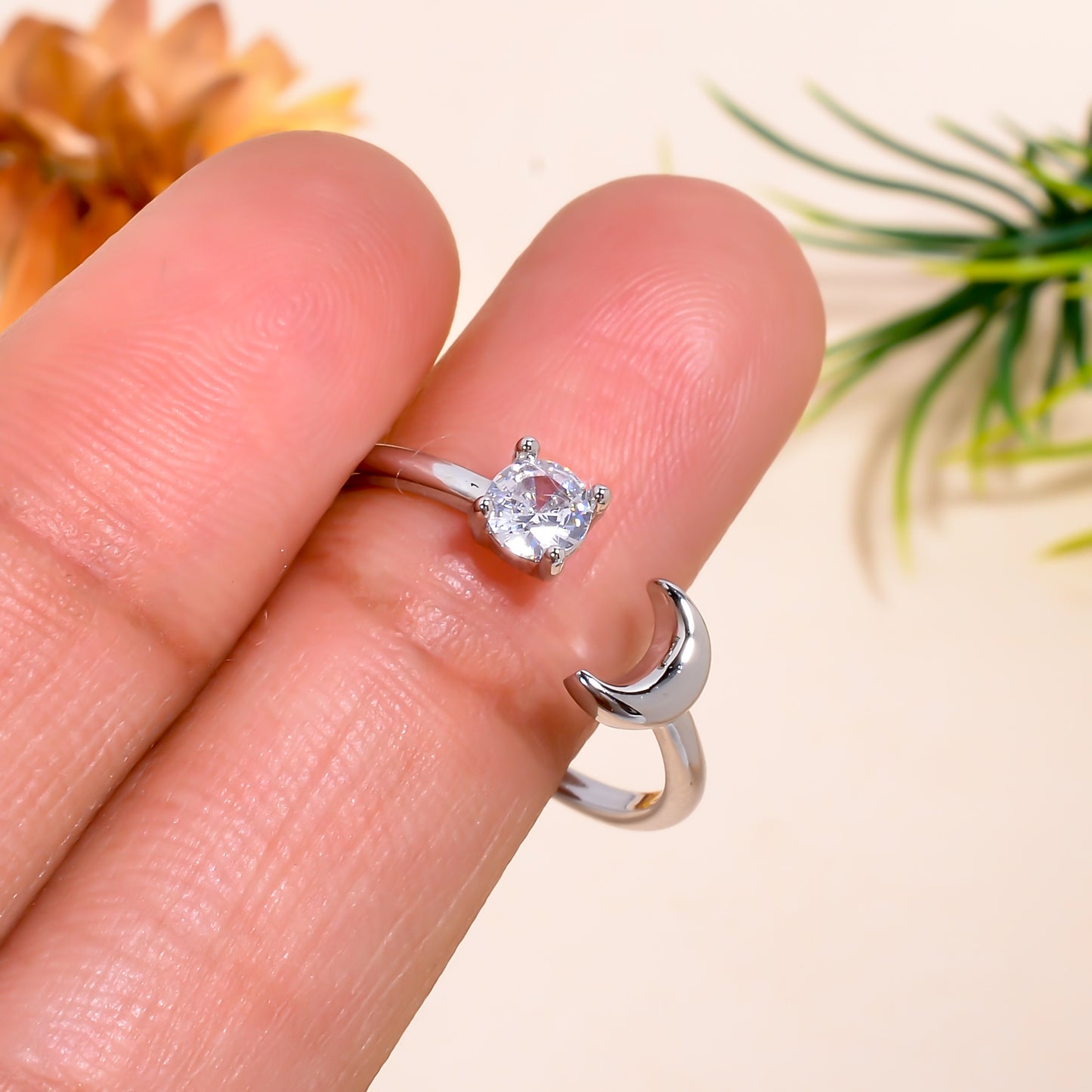 Moon & Solitaire Open Adjustable Ring – Celestial Minimalist Jewelry for Women | Dainty Silver Promise Ring Gift