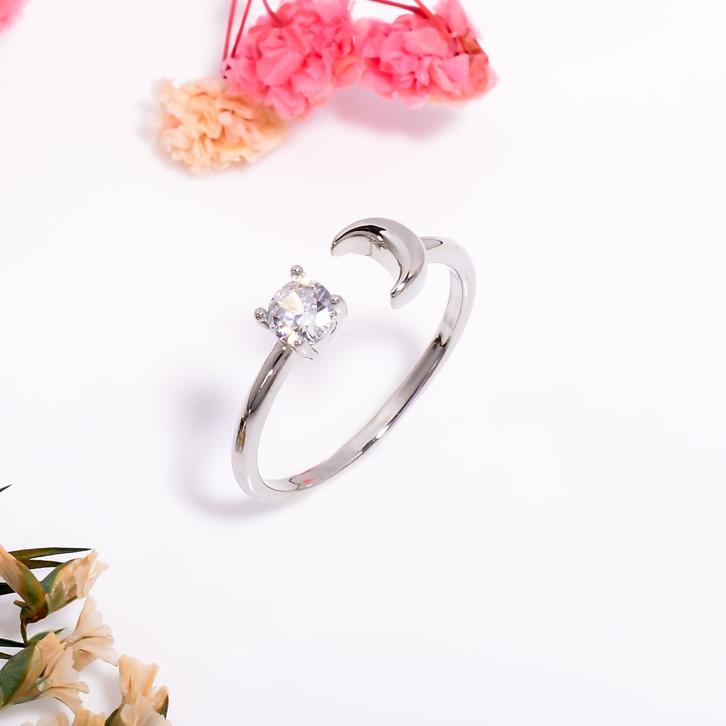 Moon & Solitaire Open Adjustable Ring – Celestial Minimalist Jewelry for Women | Dainty Silver Promise Ring Gift