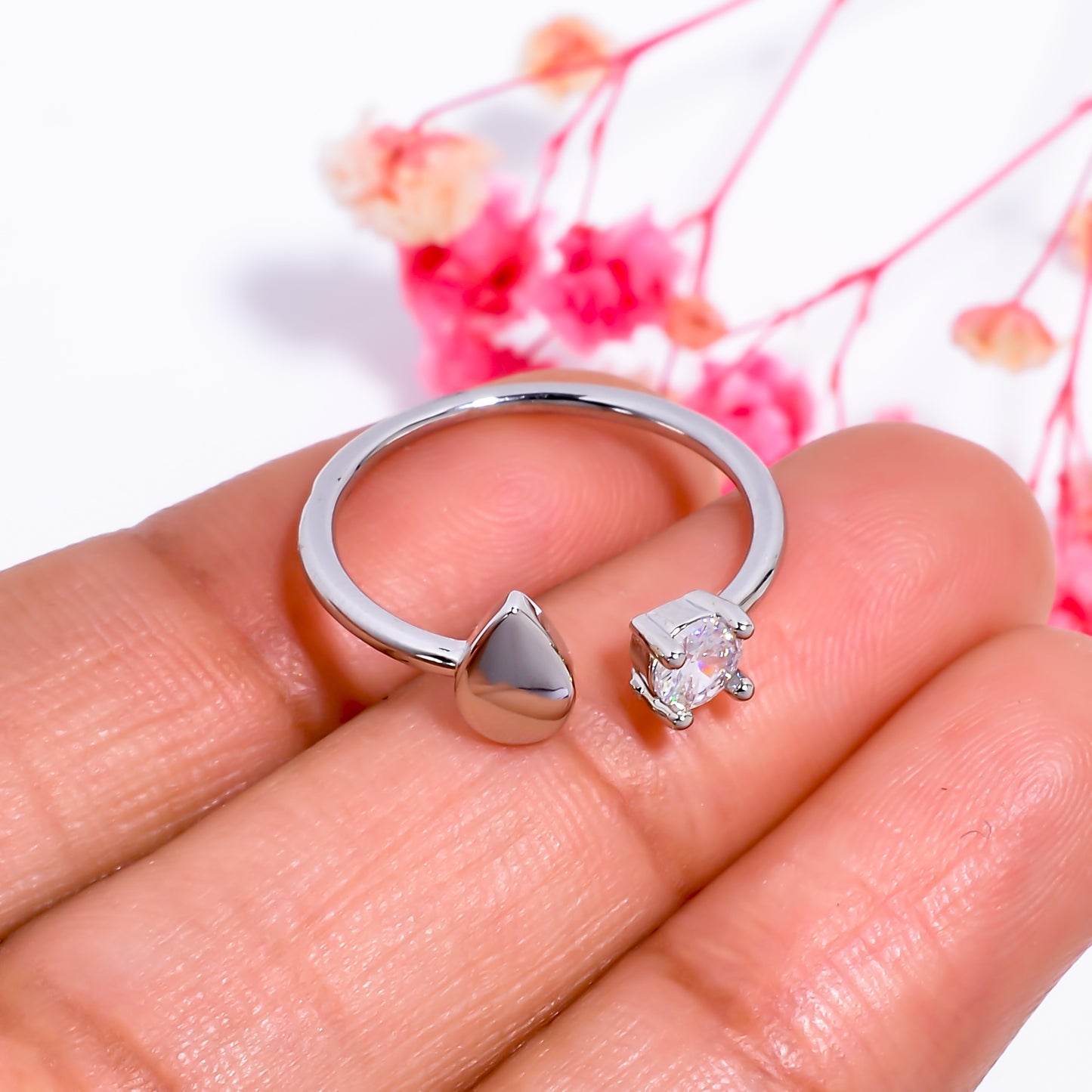 Teardrop & Solitaire Open Adjustable Ring for Women, Minimalist Silver Tone Ring, Dainty Everyday Jewelry Gift, Adjustable Promise Ring