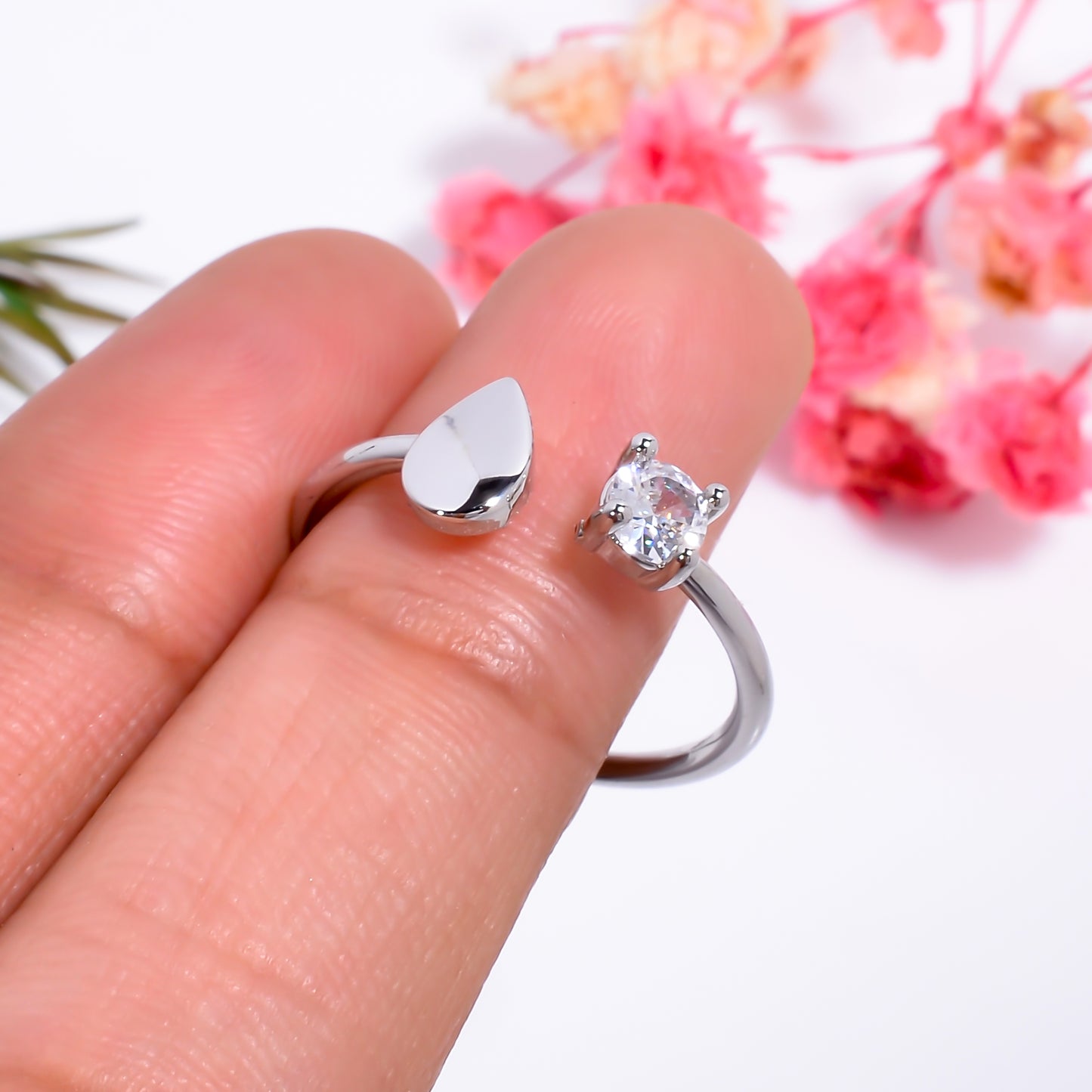 Teardrop & Solitaire Open Adjustable Ring for Women, Minimalist Silver Tone Ring, Dainty Everyday Jewelry Gift, Adjustable Promise Ring
