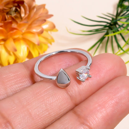 Teardrop & Solitaire Open Adjustable Ring for Women, Minimalist Silver Tone Ring, Dainty Everyday Jewelry Gift, Adjustable Promise Ring