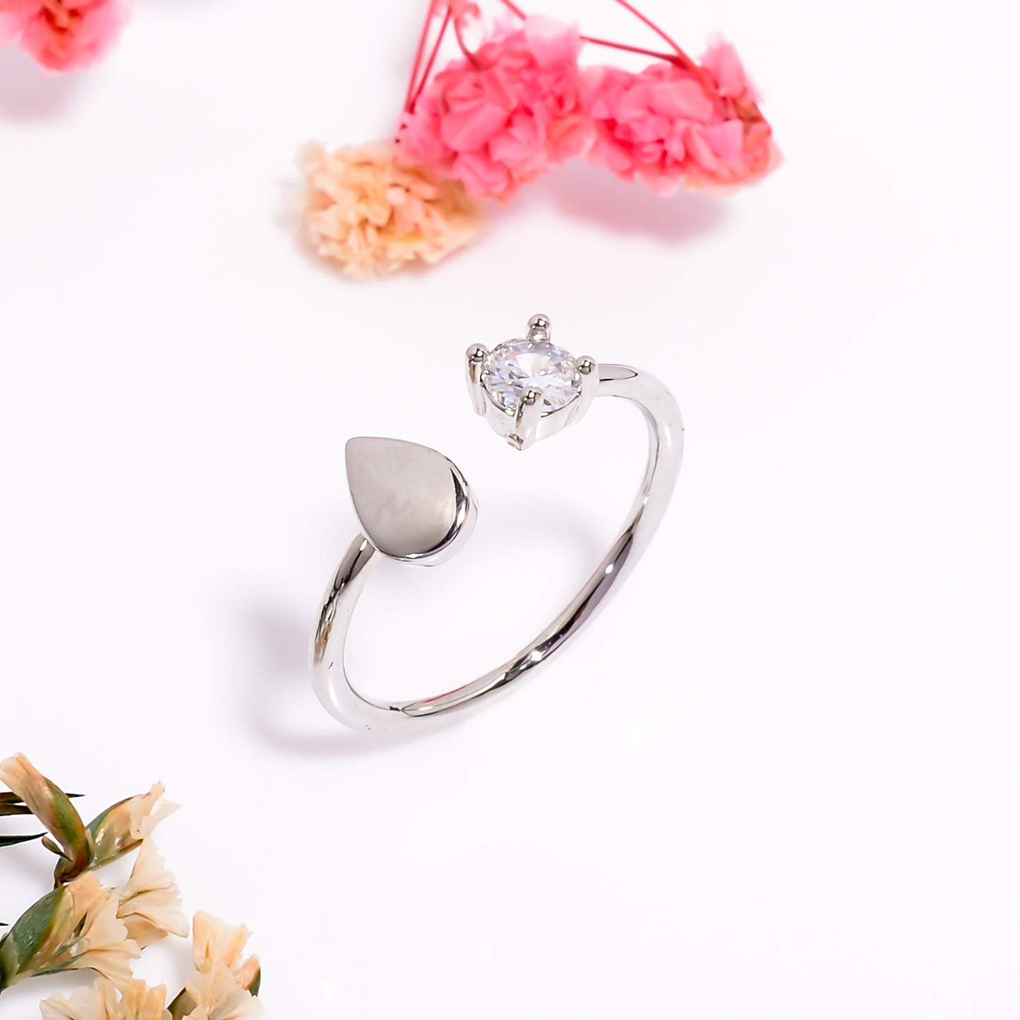 Teardrop & Solitaire Open Adjustable Ring for Women, Minimalist Silver Tone Ring, Dainty Everyday Jewelry Gift, Adjustable Promise Ring