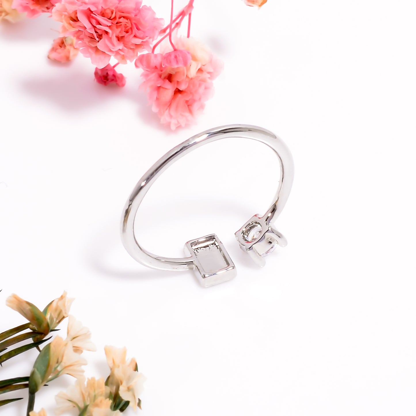 Rectangle & Solitaire Open Adjustable Ring for Women, Minimalist Silver Tone Ring, Modern Dainty Jewelry Gift, Adjustable Promise Ring