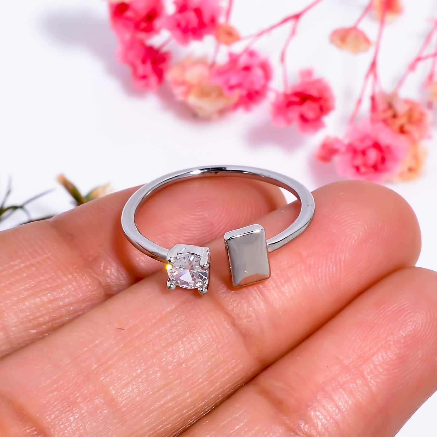 Rectangle & Solitaire Open Adjustable Ring for Women, Minimalist Silver Tone Ring, Modern Dainty Jewelry Gift, Adjustable Promise Ring