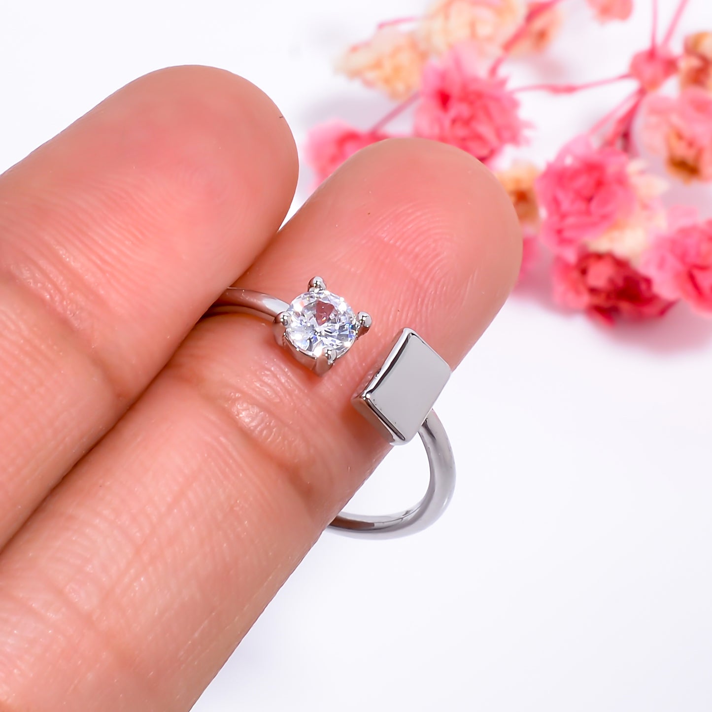 Rectangle & Solitaire Open Adjustable Ring for Women, Minimalist Silver Tone Ring, Modern Dainty Jewelry Gift, Adjustable Promise Ring