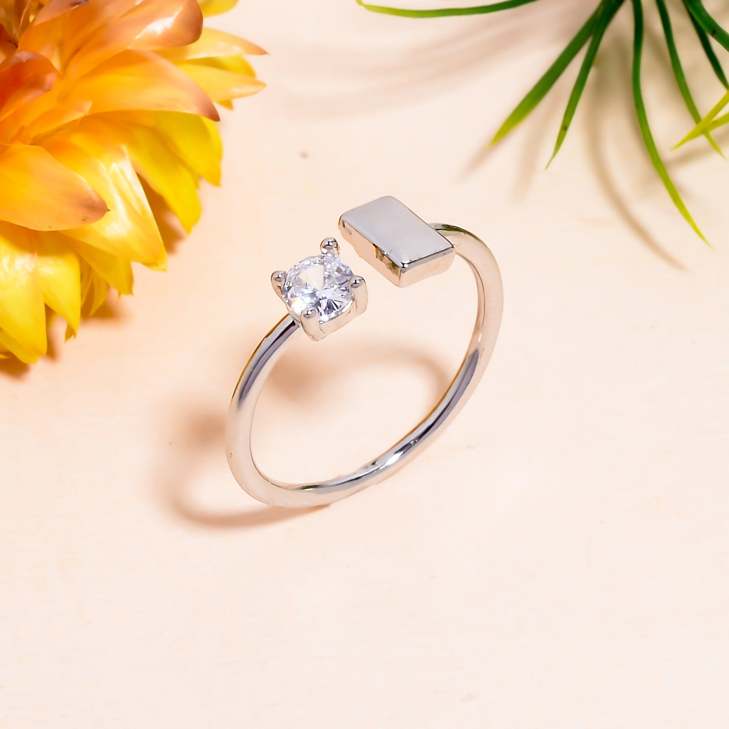 Rectangle & Solitaire Open Adjustable Ring for Women, Minimalist Silver Tone Ring, Modern Dainty Jewelry Gift, Adjustable Promise Ring