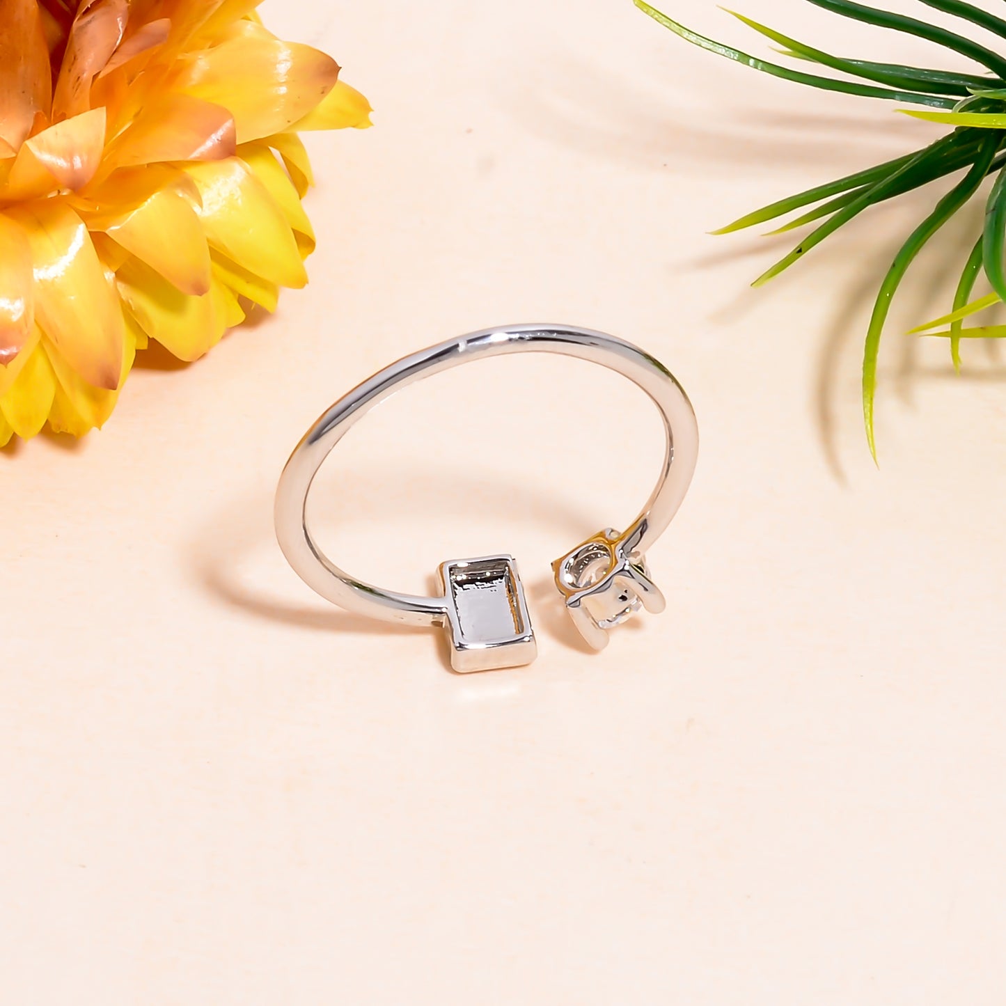 Rectangle & Solitaire Open Adjustable Ring for Women, Minimalist Silver Tone Ring, Modern Dainty Jewelry Gift, Adjustable Promise Ring
