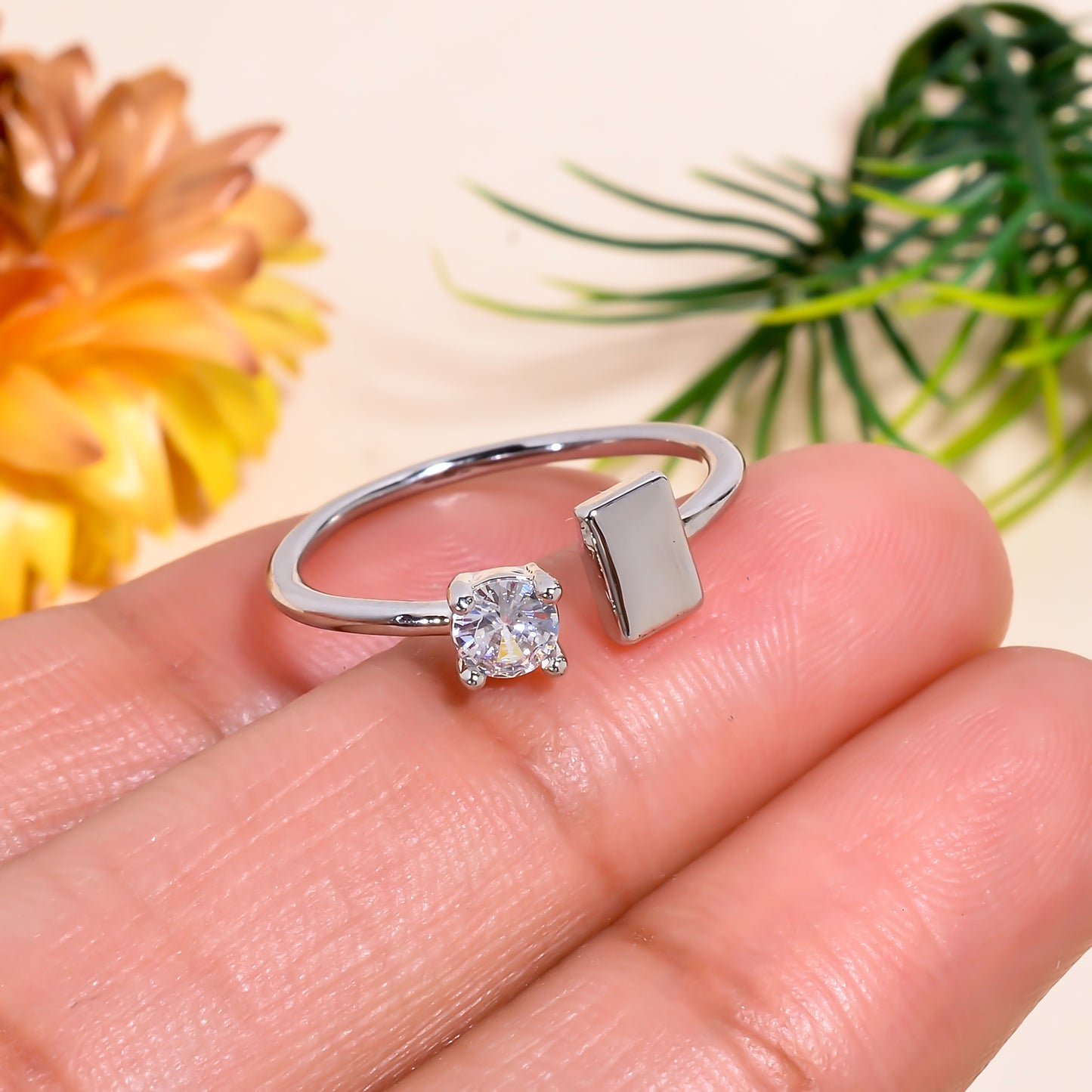 Rectangle & Solitaire Open Adjustable Ring for Women, Minimalist Silver Tone Ring, Modern Dainty Jewelry Gift, Adjustable Promise Ring