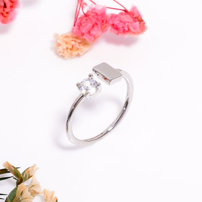 Rectangle & Solitaire Open Adjustable Ring for Women, Minimalist Silver Tone Ring, Modern Dainty Jewelry Gift, Adjustable Promise Ring