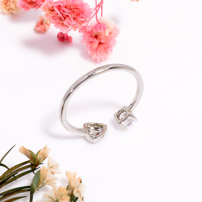 Heart & Solitaire Open Adjustable Ring for Women, Dainty Silver Tone Ring, Minimalist Love Promise Ring, Adjustable Everyday Jewelry Gift