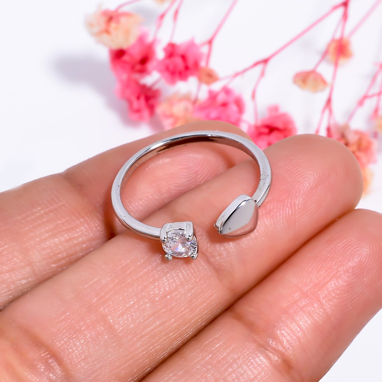 Heart & Solitaire Open Adjustable Ring for Women, Dainty Silver Tone Ring, Minimalist Love Promise Ring, Adjustable Everyday Jewelry Gift