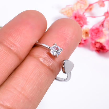 Heart & Solitaire Open Adjustable Ring for Women, Dainty Silver Tone Ring, Minimalist Love Promise Ring, Adjustable Everyday Jewelry Gift