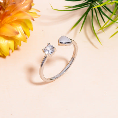 Heart & Solitaire Open Adjustable Ring for Women, Dainty Silver Tone Ring, Minimalist Love Promise Ring, Adjustable Everyday Jewelry Gift