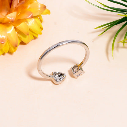 Heart & Solitaire Open Adjustable Ring for Women, Dainty Silver Tone Ring, Minimalist Love Promise Ring, Adjustable Everyday Jewelry Gift
