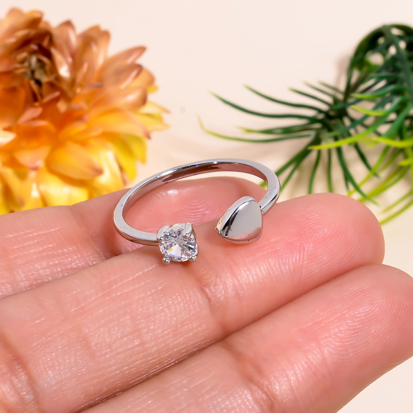 Heart & Solitaire Open Adjustable Ring for Women, Dainty Silver Tone Ring, Minimalist Love Promise Ring, Adjustable Everyday Jewelry Gift