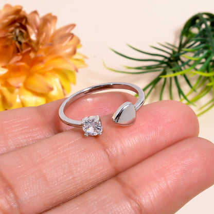 Heart & Solitaire Open Adjustable Ring for Women, Dainty Silver Tone Ring, Minimalist Love Promise Ring, Adjustable Everyday Jewelry Gift