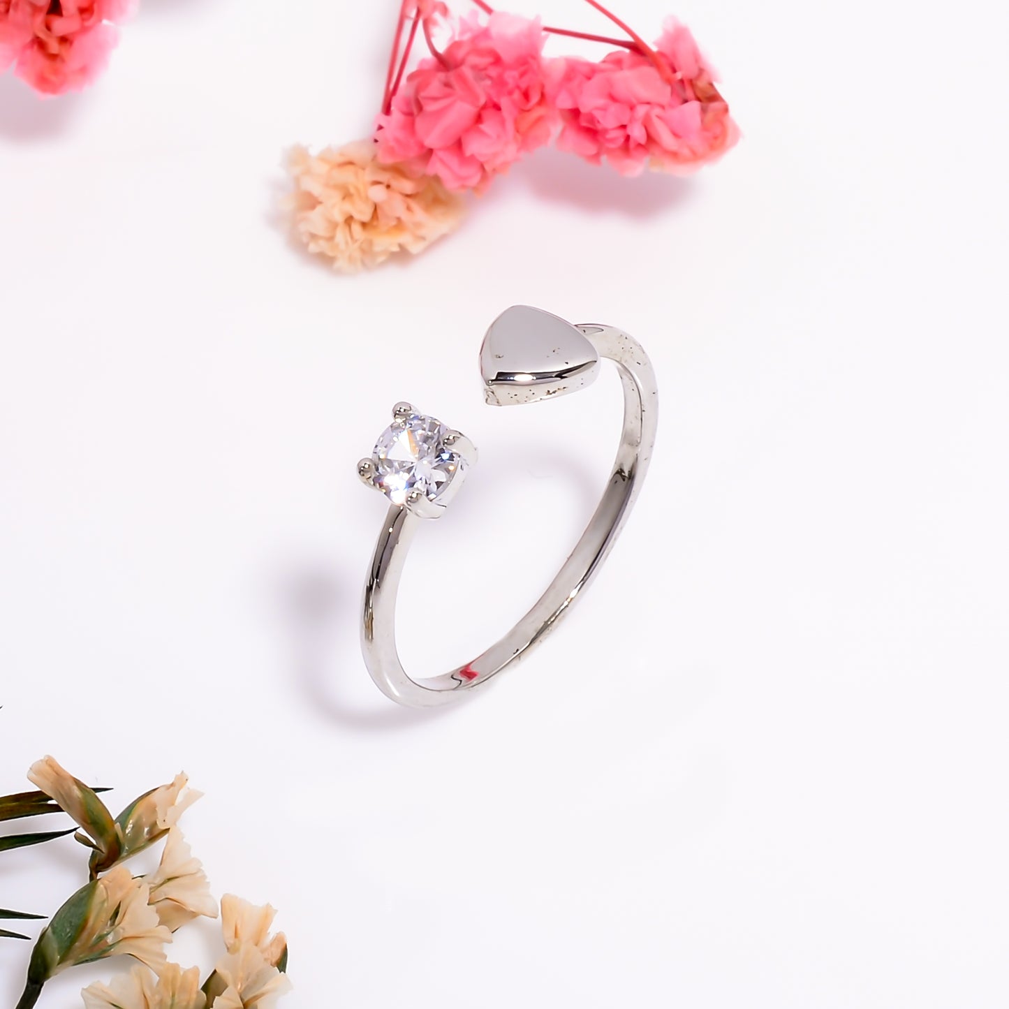 Heart & Solitaire Open Adjustable Ring for Women, Dainty Silver Tone Ring, Minimalist Love Promise Ring, Adjustable Everyday Jewelry Gift
