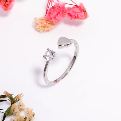 Heart & Solitaire Open Adjustable Ring for Women, Dainty Silver Tone Ring, Minimalist Love Promise Ring, Adjustable Everyday Jewelry Gift