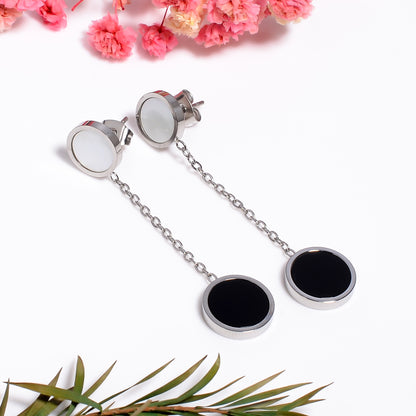 Chain Earrings, Black and White Circle Drop Earrings – Minimal Gold Dangle Earrings for Women, Elegant Everyday Jewelry, Gift for Her