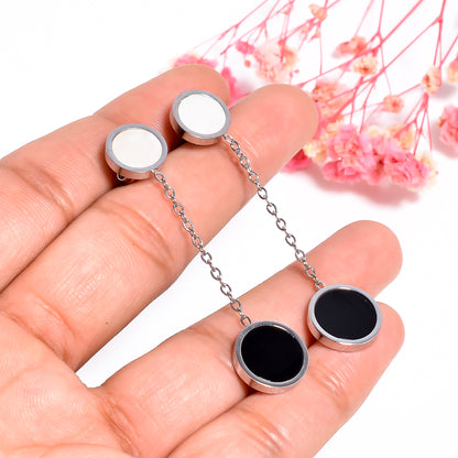 Chain Earrings, Black and White Circle Drop Earrings – Minimal Gold Dangle Earrings for Women, Elegant Everyday Jewelry, Gift for Her