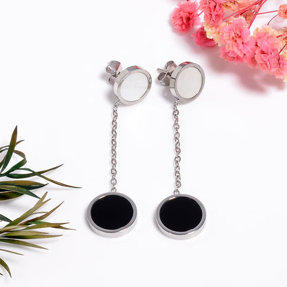 Chain Earrings, Black and White Circle Drop Earrings – Minimal Gold Dangle Earrings for Women, Elegant Everyday Jewelry, Gift for Her
